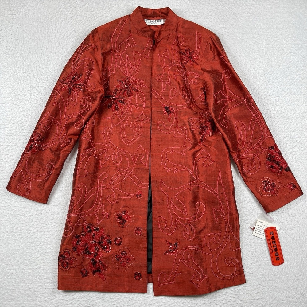 Tunique Nights Silk Jacket Womens Medium Red Embroidered Beaded Open Front Tunic